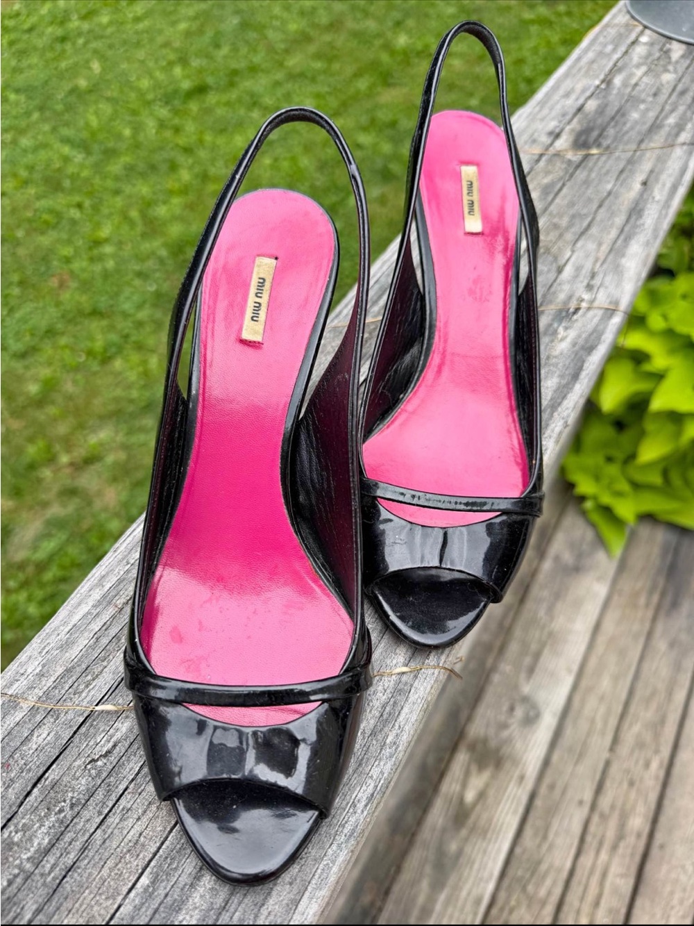 Miu Miu Black Patent Slingback Peep-Toe Heels with Pink Insoles